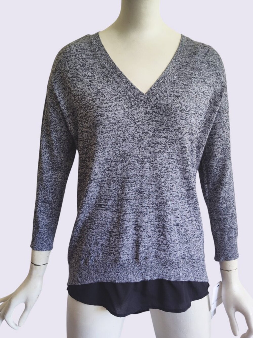 Liz Claiborne Womens V Neck Layered Knit Sweater Tunic Top Stretch Heather S NWT
